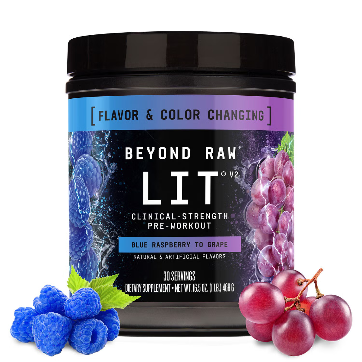 Beyond Raw® LIT V2 Pre-workout with blue raspberry to grape flavor
