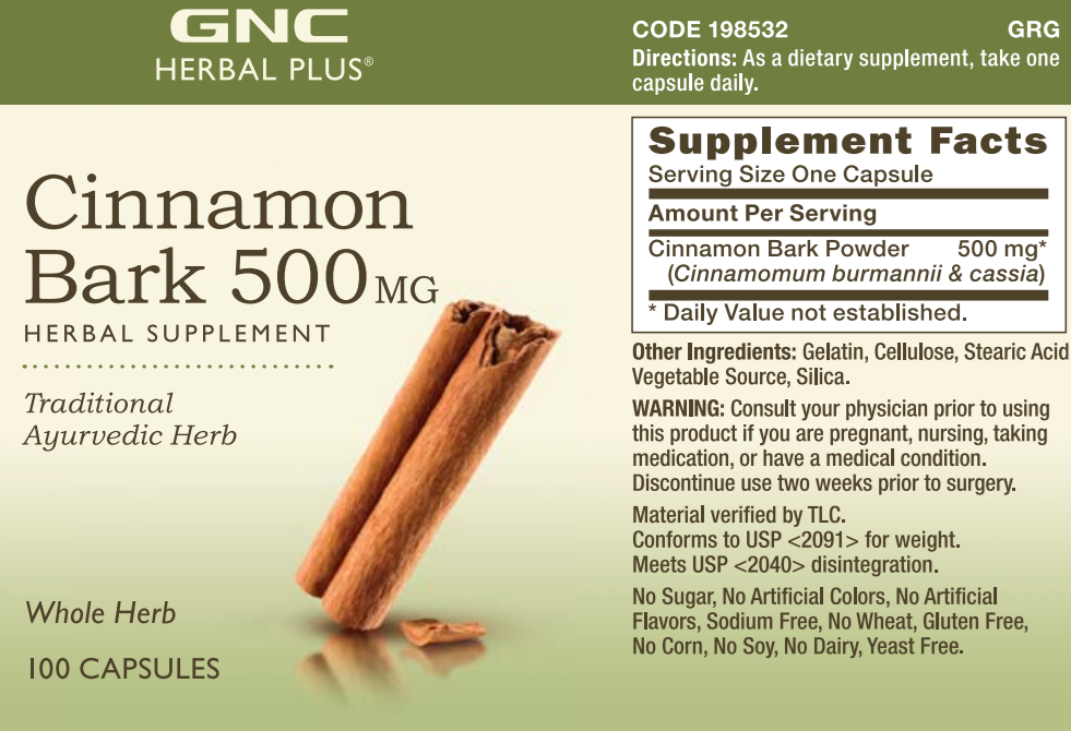 GNC Herbal Plus® Cinnamon Bark 500 mg, Scortisoara, 100 cps - GNC